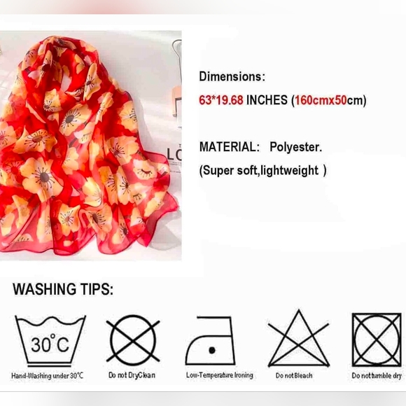 NWT Vibrant Red & Yellow Floral Chiffon Scarf Shawl 63" × 20" - Picture 5 of 6